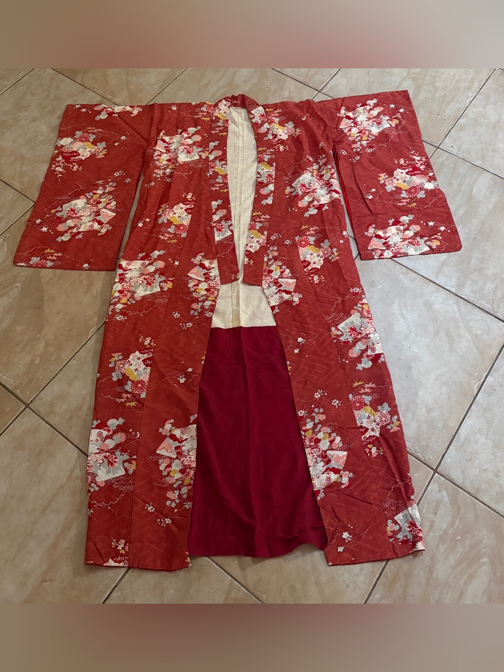 Red Floral Kimono-Style Trench Coat for Women